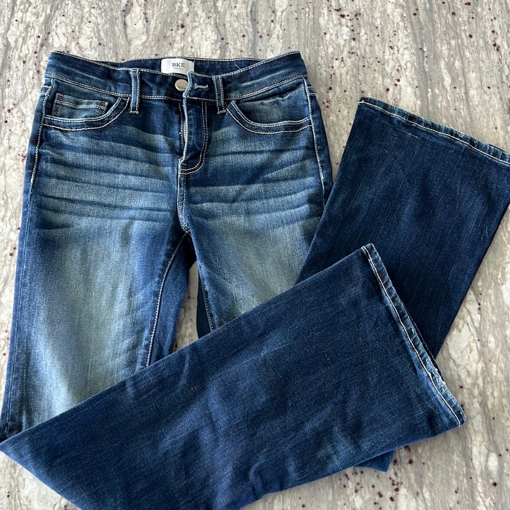 Girls Buckle Denim with dark wash whiskered wash